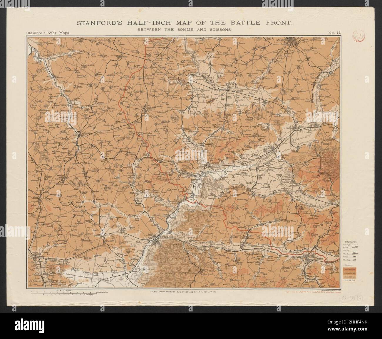 Stanford's half-inch map of the battle front between the Somme and Soissons (5003806). Stock Photo