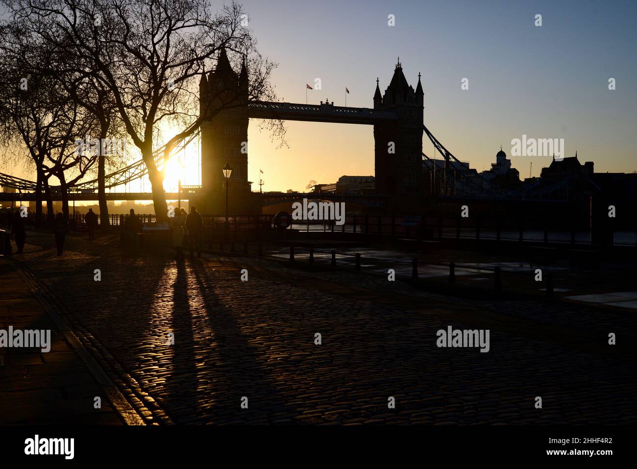 Sunrise over Tower Bridge from outside the Tower of London, England Stock Photo