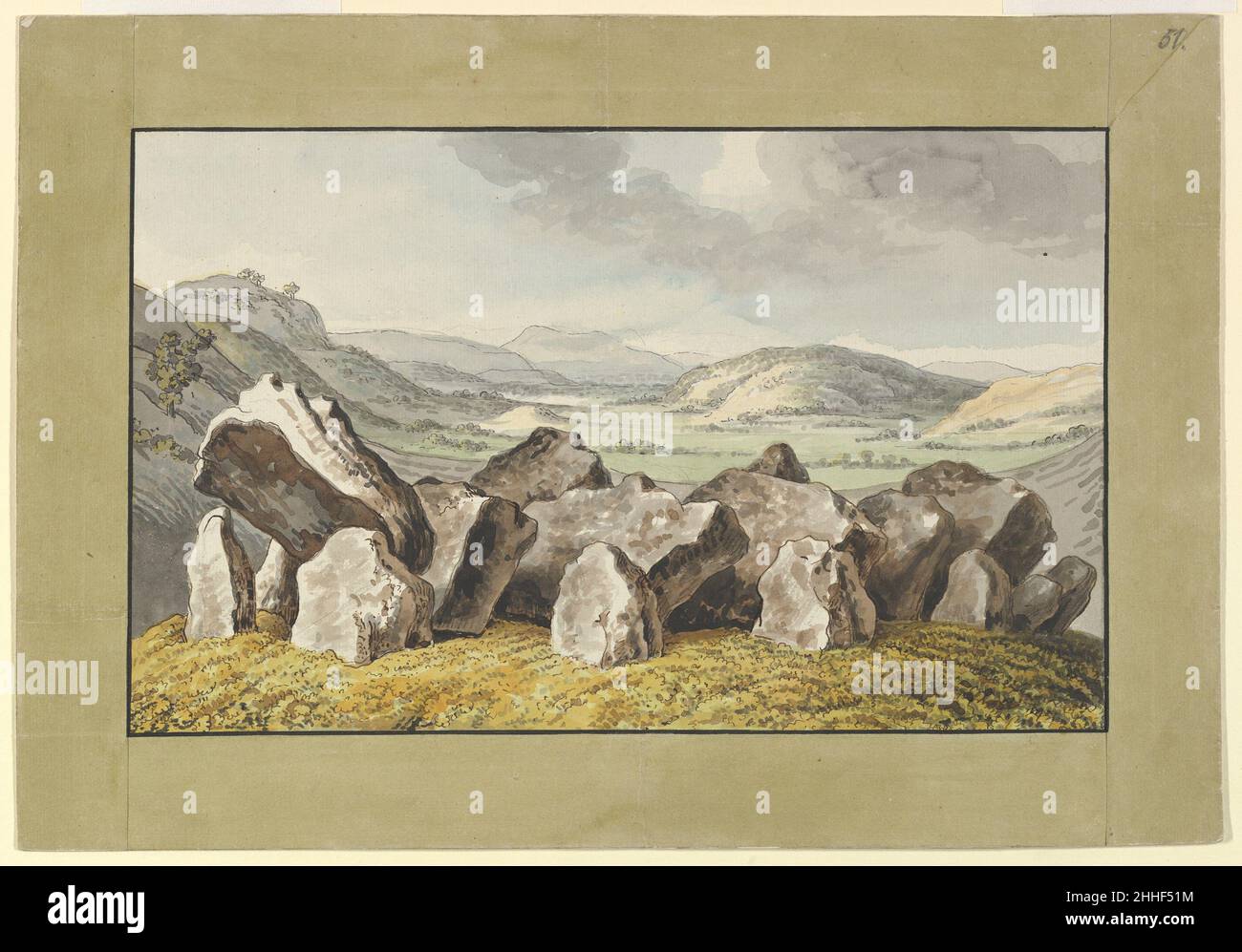 A Prehistoric Stone Circle on a Mound, an Extensive Landscape Beyond mid-18th–early 19th century Johann Heinrich Wilhelm Tischbein German Tischbein's finished drawing of giant stones set in a deserted landscape reflect northern Europe's romantic fascination with its own prehistoric past in the early nineteenth century. These rough-hewn boulders, some fallen, some still in ritual formation, hint at ancient mysteries. A related preliminary drawing (2003.100) was probably made on location. Later, Tischbein here expanded his sketch into a finished watercolor, using pen lines to describe the divers Stock Photo