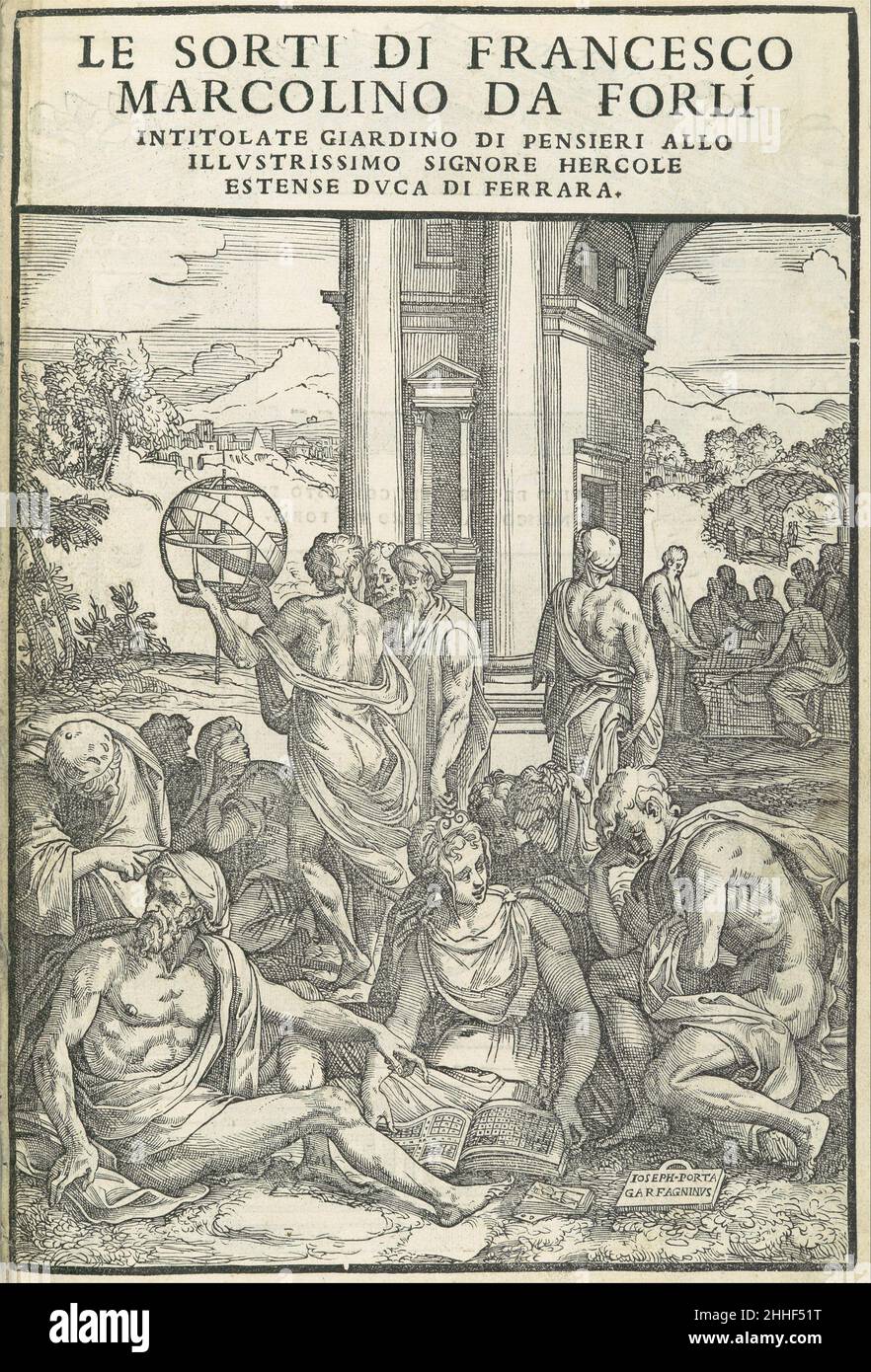 Le Sorti...intitolate giardino di pensieri October 1540 Written and published by Francesco Marcolini da Forli Italian The evocative woodcut that adorns the frontispiece of this fortune-telling book is prominently signed by the artist Giuseppe Porta (ca. 1520–ca. 1575) from the Garfagnana region of northern Tuscany, who later took the name Salviati in honor of his teacher, the well-known Mannerist painter Francesco Salviati. However, the composition is not original to Porta but closely copies an engraving by Marco Dente, a student of Marcantonio Raimondi who died in the Sack of Rome of 1527. By Stock Photo