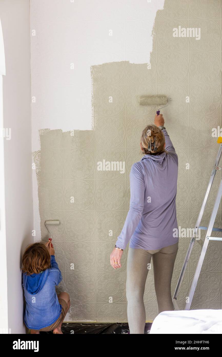 A woman and an eight year old boy decorating a room, painting walls. Stock Photo