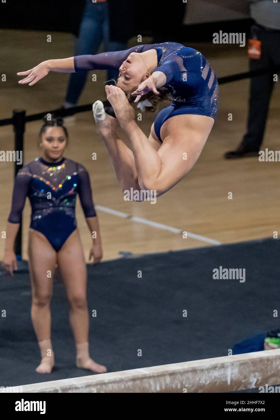 Corvallis, USA. 23rd Jan, 2022. Ana Padurariu of UCLA makes a blind jump on the balance beam in OSUl's win over UCLA and UCD at the Oregon State University Tri-Meet on January 23, 2022 in Gill Coliseum, Corvallis, Oregon (photo by Jeff Wong/Sipa USA). Credit: Sipa USA/Alamy Live News Stock Photo