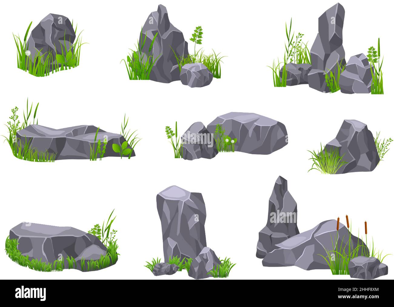 Stones in grass. 3d rocks, gravel stone with green bush. Grey boulders, cracked mountains. Geology natural elements, game design exact vector set Stock Vector