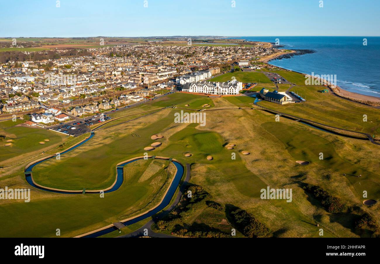 Aerial view from drone of Carnoustie Golf Links golf course in