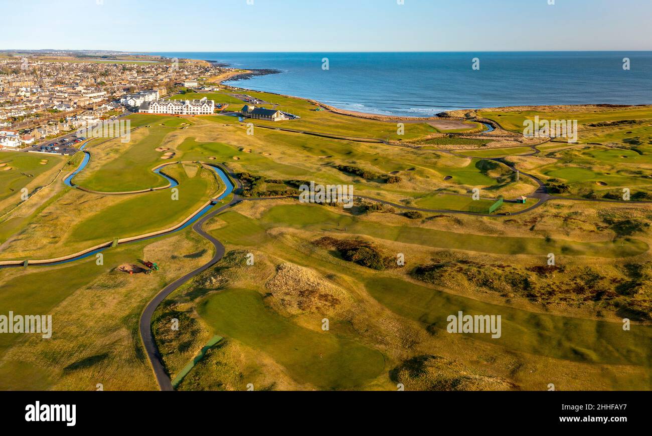 Aerial view from drone of Carnoustie Golf Links golf course in Carnoustie, Angus, Scotland, UK Stock Photo