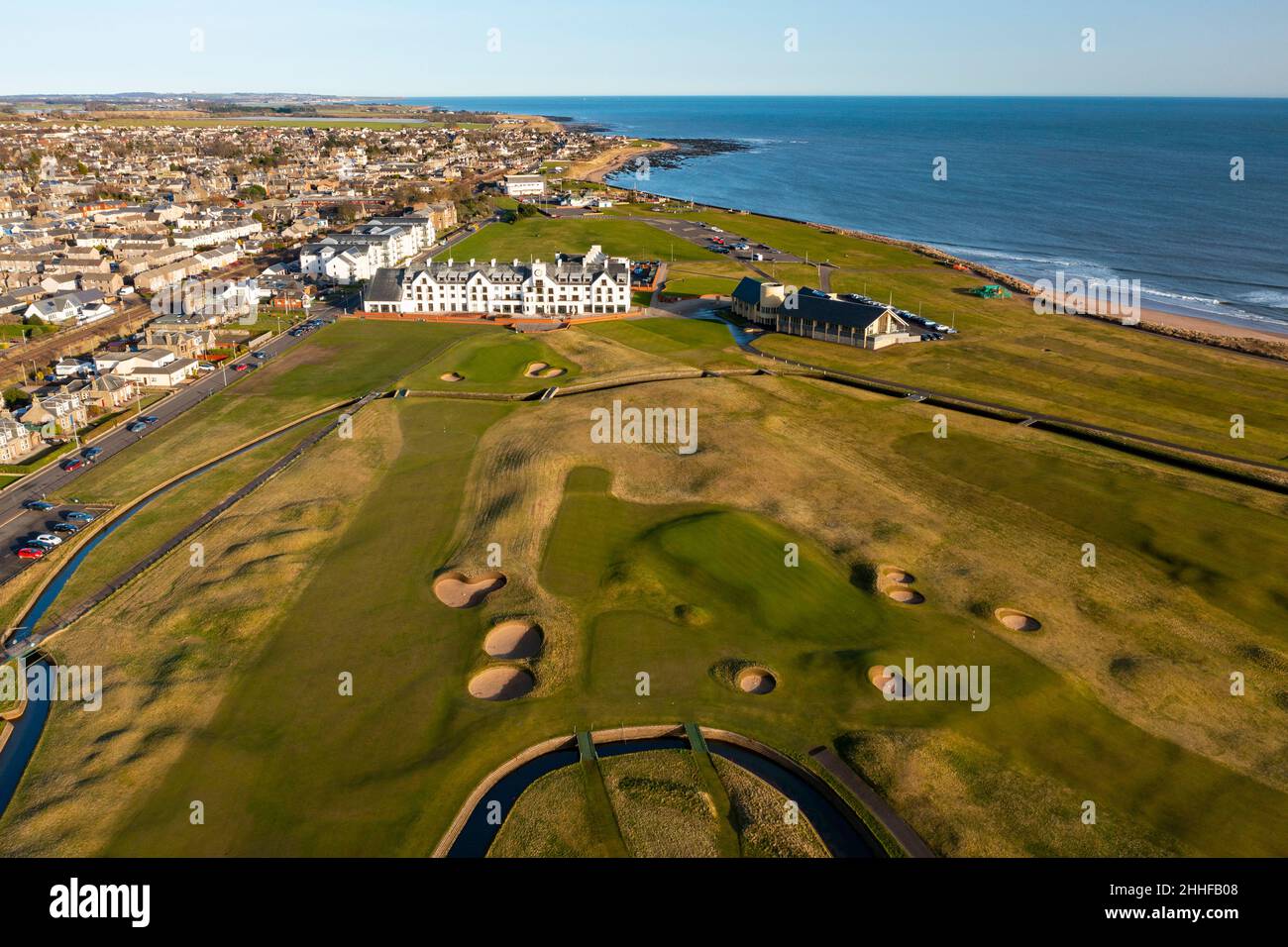 Aerial view from drone of Carnoustie Golf Links golf course in Carnoustie, Angus, Scotland, UK Stock Photo