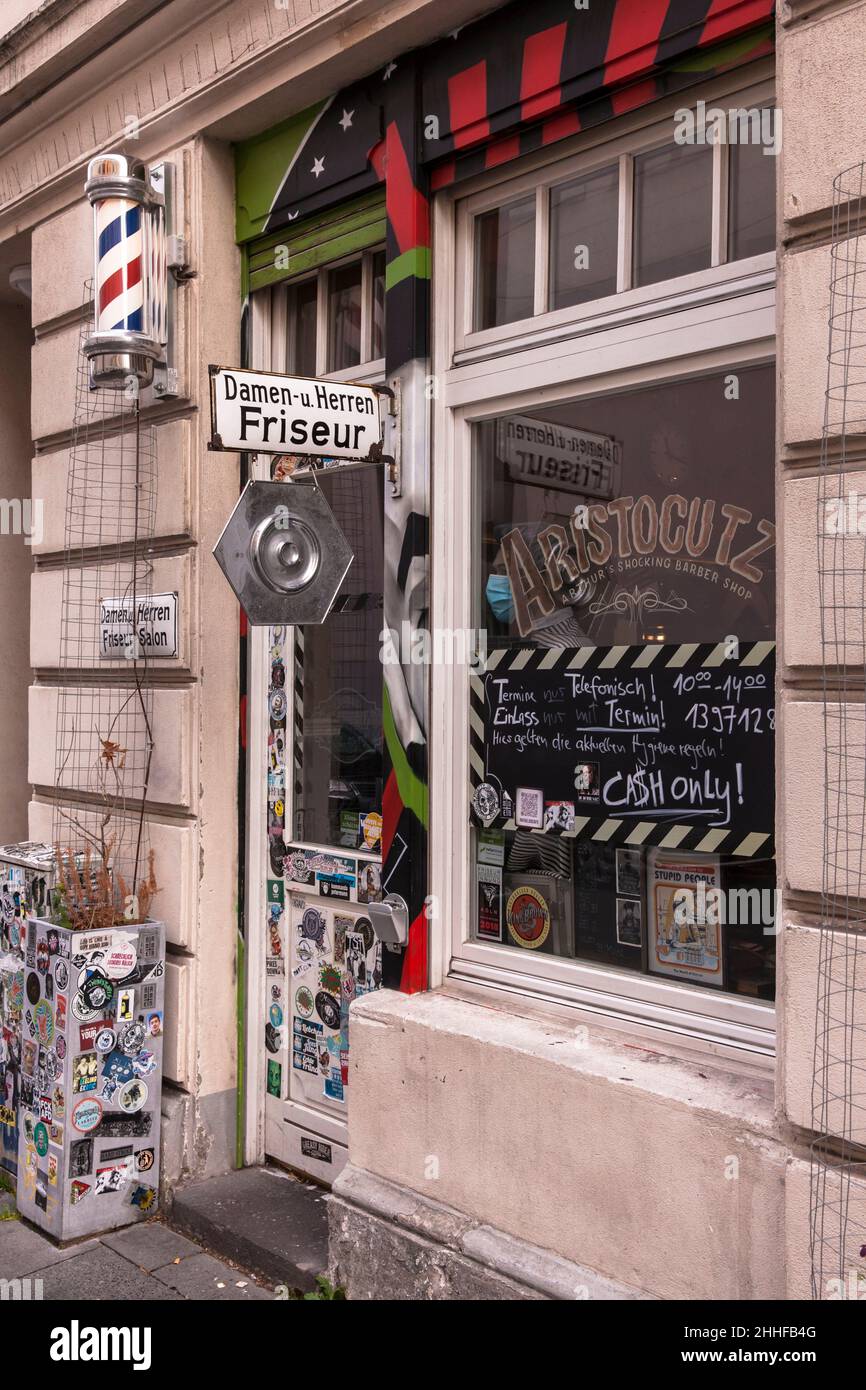 hairdresser on Dom street, barberpole, Cologne, Germany.  Friseur in der Domstrasse, Barberpole, Koeln, Deutschland. Stock Photo