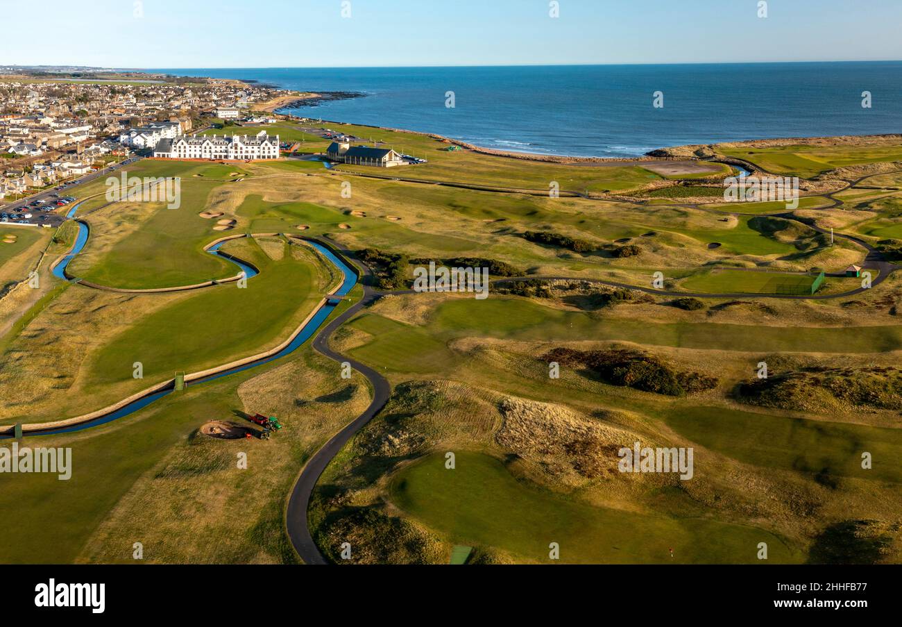 Aerial view from drone of Carnoustie Golf Links golf course in Carnoustie, Angus, Scotland, UK Stock Photo