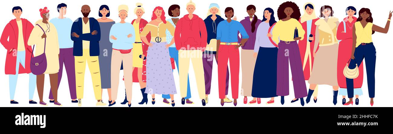 Multicultural people crowd. European lifestyle young women men, business and casual wear characters. Friends community, adults team utter vector Stock Vector