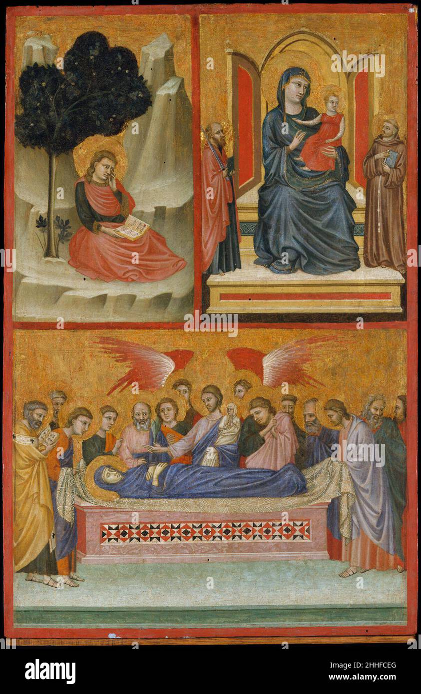 Saint John on Patmos, Madonna and Child Enthroned, and Death of the Virgin; The Crucifixion Pacino di Bonaguida Italian The left wing of this diptych shows Saint John the Evanglist on the island of Patmos, the Madonna and Child Enthroned with Saints Paul and Francis, and the Death of the Virgin. On the right wing is the Crucifixion, with Saint John the Baptist, the Virgin, Saint Mary Magdalen, Saint John the Evangelist, and a bishop saint.Pacino was a leading illuminator in Florence, and the pale colors and elegantly patterned textiles in this diptych reflect that activity. This very fine dipt Stock Photo