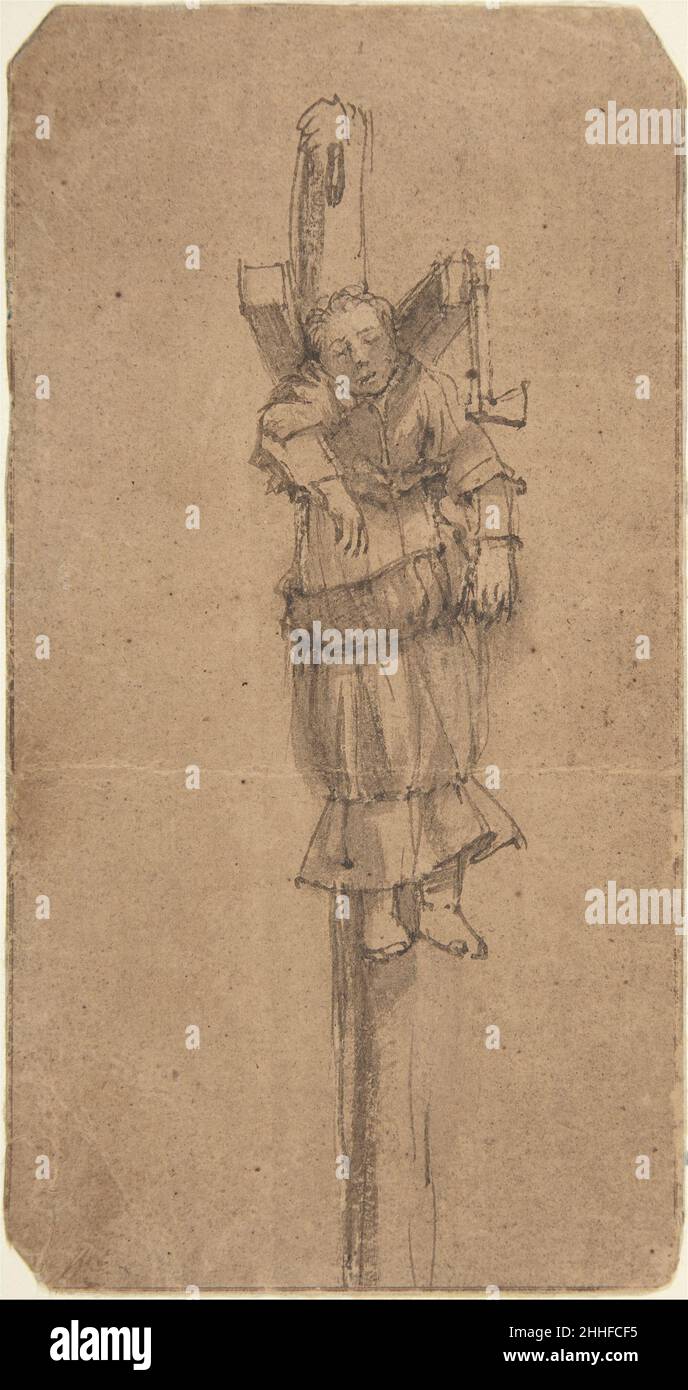 Elsje Christiaens Hanging on a Gibbet 1664 Rembrandt (Rembrandt van Rijn) Dutch Elsje Christiaens, an 18-year old woman from Jutland was executed in May 1, 1664, just two weeks after her arrival in Amsterdam in April of that year. In a violent argument over unpaide rent, Elsje hit her landlady over the head with an ax and knocked her down the cellar stairs. She was exposed to viewers on the gibbet in the gallows field outside of Amsterdam along with the ax, the instrument of her crime. With intense scrutiny, Rembrandt drew her lifeless body in quick angular lines. Remarkably, the Met possesses Stock Photo