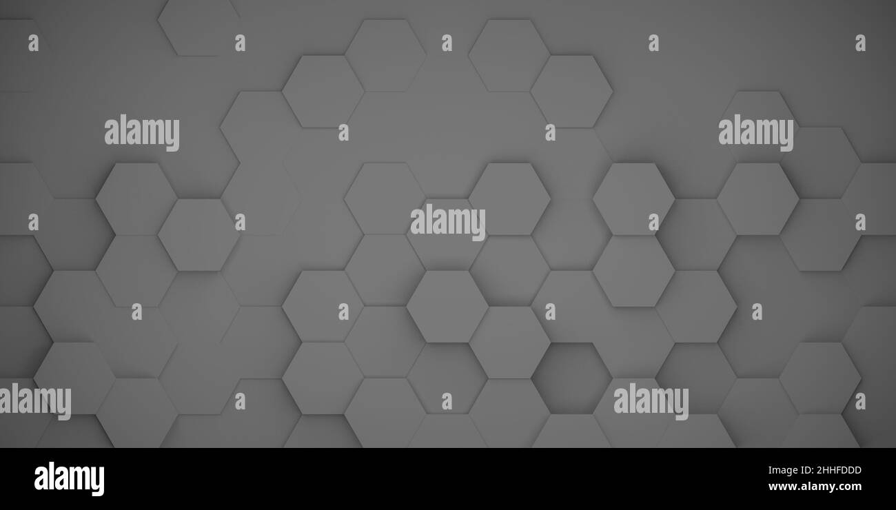 Abstract dark grey or black background with hexagons or honeycombs, flat lay view from directly above Stock Photo