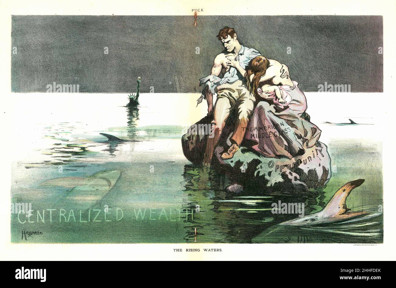 Carl Hassmann-The Rising Waters-Centralized Wealth-The American middle class stranded on a rock whilst sharks circle. The Statue of Liberty is drowning. Stock Photo
