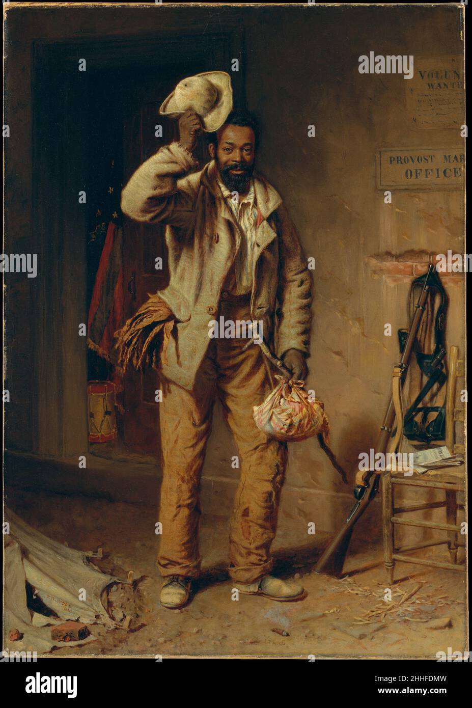 A Bit of War History: The Contraband 1865 Thomas Waterman Wood American This work, painted at the close of the Civil War, forms a narrative triptych (84.12a, b, c) of African American military service. In 'The Contraband' (84.12a)—a term that referred to enslaved people who fled to Union lines at the beginning of the conflict—the self-emancipated man appears in a U.S. Army Provost Marshall General office, eager to enlist. The Recruit (84.12b) represents him as proudly ready for military service. In 'The Veteran' (84.12c), he is depicted as an amputee possibly seeking his pension in the same of Stock Photo