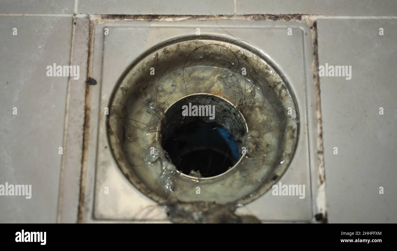 Drain cleaning. Clogged and dirty sewer pipes floor drain. Full of hair