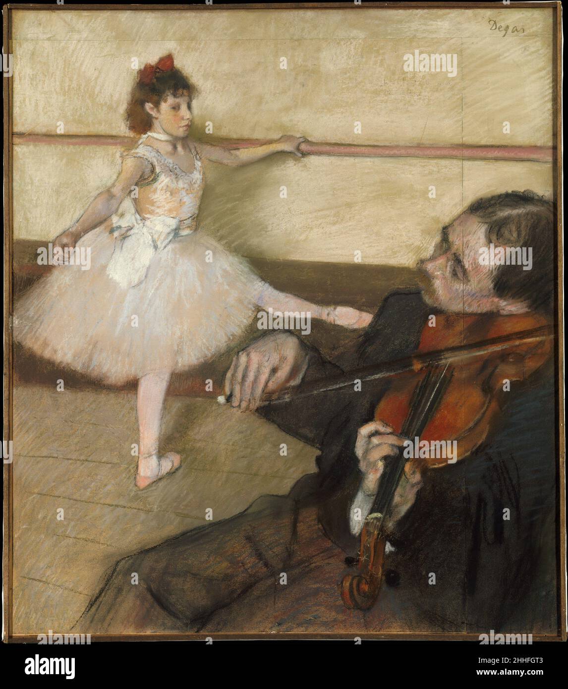 The Dance Lesson ca. 1879 Edgar Degas French Degas made various adjustments to this composition, presumably to accommodate the violinist in his final design. He added strips of paper at the top and to the right, and there is evidence to suggest that he may have altered the dancer's pose. A pastel study for the musician is in the Museum's collection (19.51.1). The present work was formerly owned by Gustave Caillebotte, who probably bought it from or soon after the Impressionist exhibition of 1879. In 1894 he bequeathed it to Renoir, who sold it shortly thereafter. Buy a print Custom framed to s Stock Photo