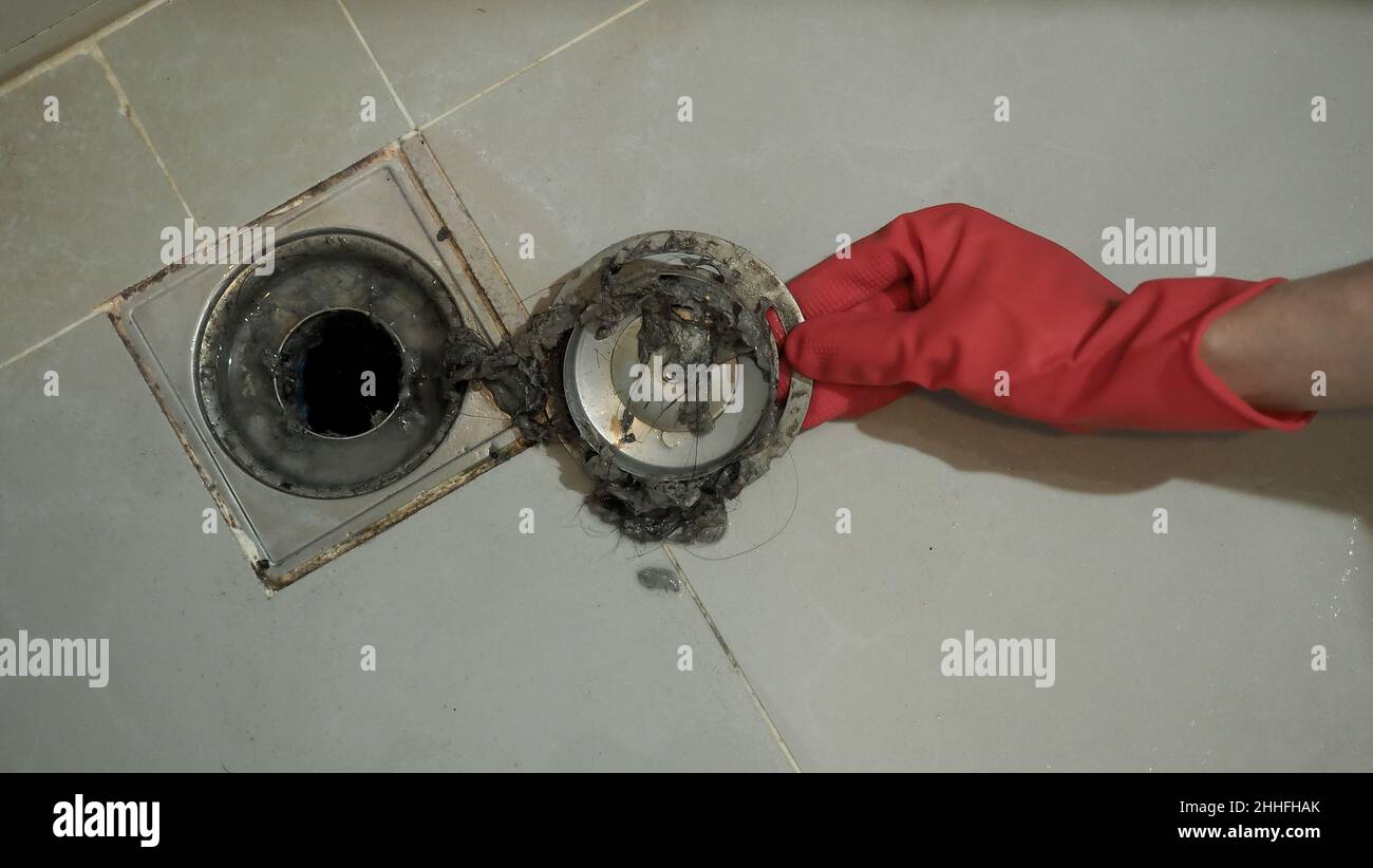 Drain cleaning. Clogged and dirty sewer pipes floor drain. Full of hair