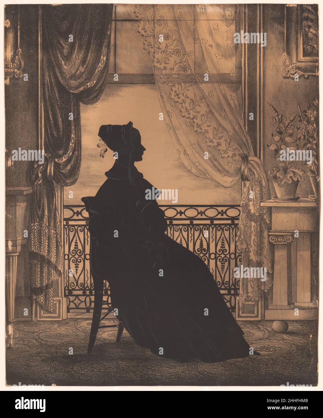 Portrait of a Woman before a Window ca. 1850 Attributed to William Henry Brown American While its subject is unknown, this image has been linked to William Henry Brown, who was among the most prolific silhouette portraitists of the nineteenth century. Brown tended to affix his silhouettes to sepia-toned lithographs that mimicked the look of drawings, as is the case here. Usually made by cutting a profile portrait from black-inked paper, silhouettes were wildly popular throughout the nineteenth century. The democratic nature of the art form can be attributed to the affordability of the material Stock Photo