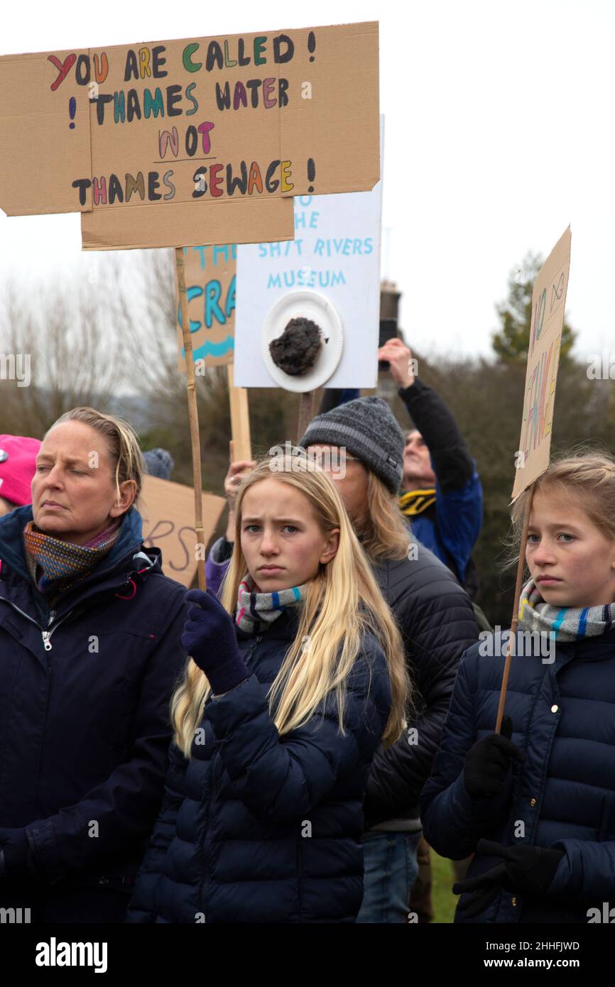 Hundreds of people gather on Port Meadow, Oxford, to protest against sewage release into the River Thames. Stock Photo