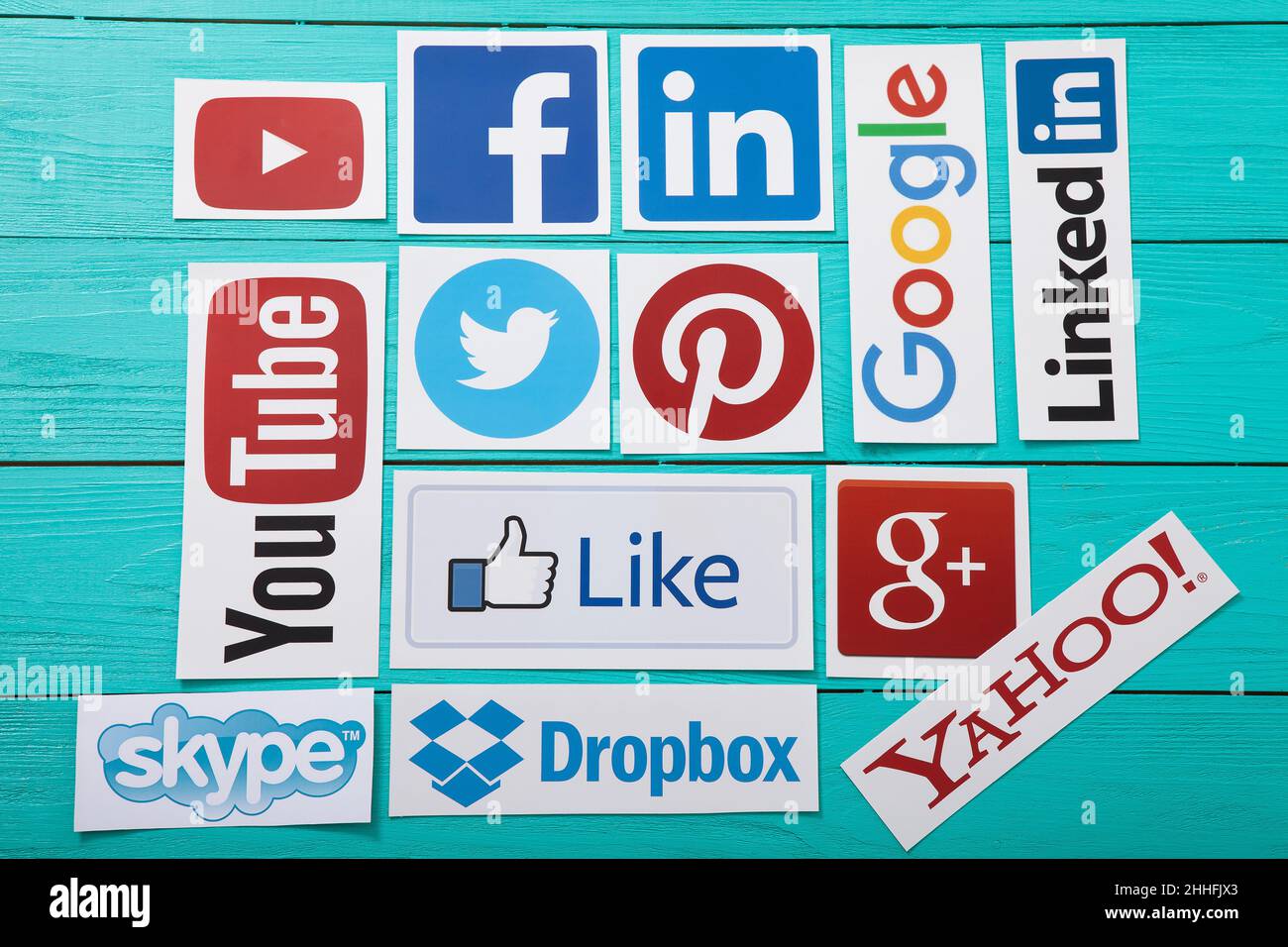 KIEV, UKRAINE - MARCH 10, 2017. Collection of popular social media logos printed on paper: You Tube,Facebook, Twitter, Google Plus, Yahoo, Linkedin, S Stock Photo