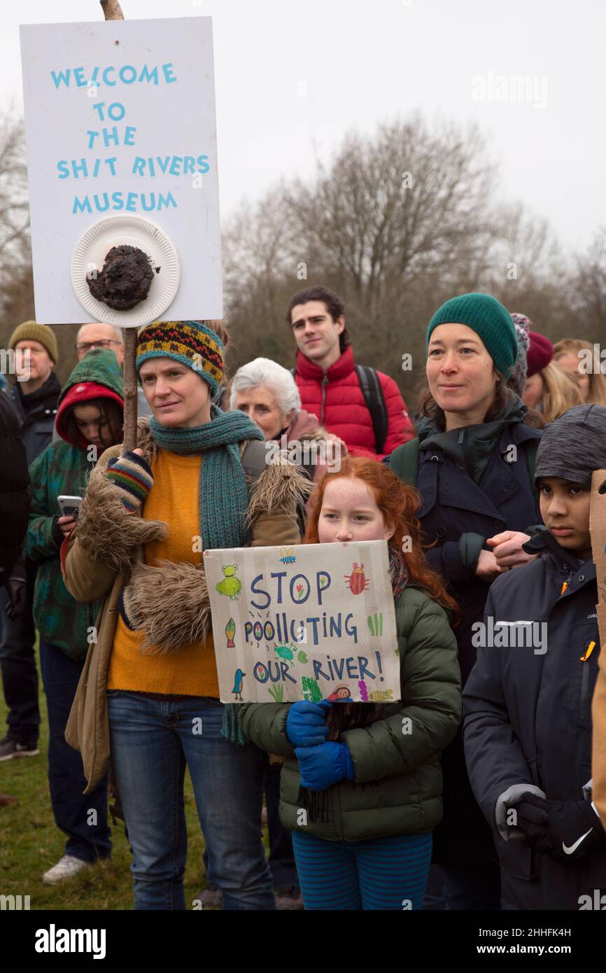 Hundreds of people gather on Port Meadow, Oxford, to protest against sewage release into the River Thames. Stock Photo