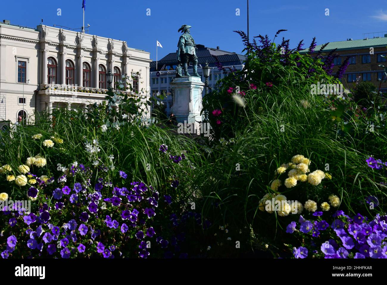 Statue of King Gustav Adolf in a flower filled square, Gothenburg, Sweden, September, 2021 Stock Photo