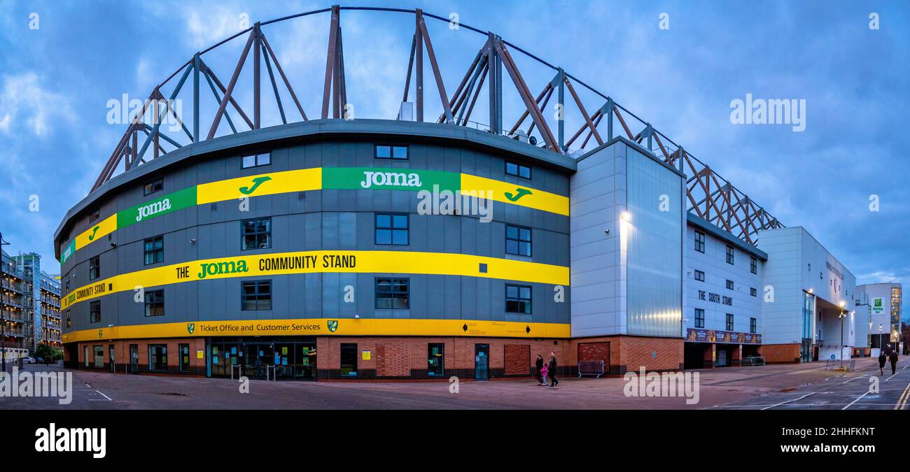 Early evening panorama of Carrow Road Stadium, home of The Canaries, Norwich City Football Club Stock Photo