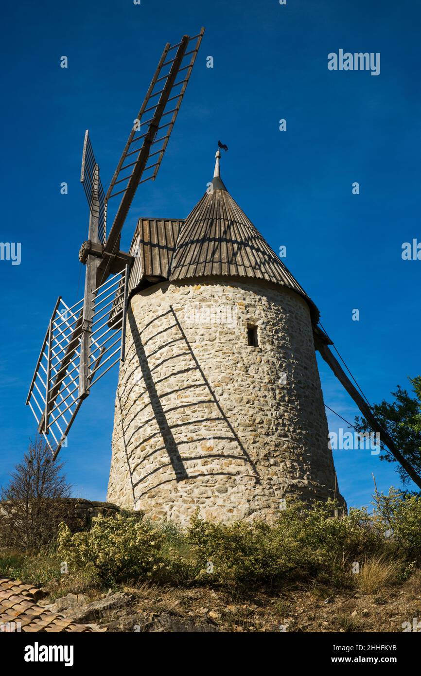 Cucugnan Village and its Windmill in Corbières Region France Stock Photo