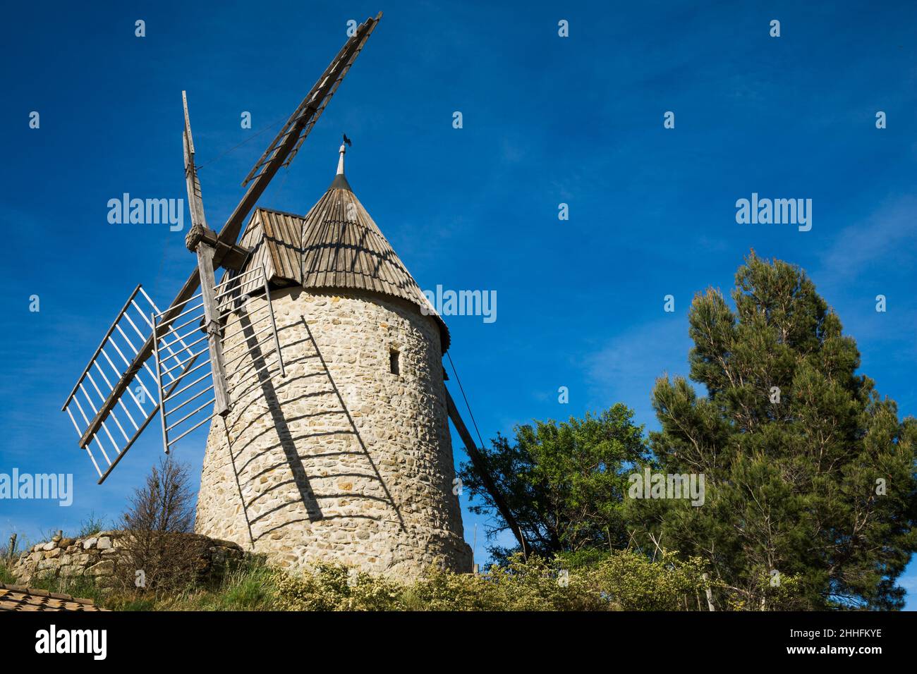 Cucugnan Village and its Windmill in Corbières Region France Stock Photo