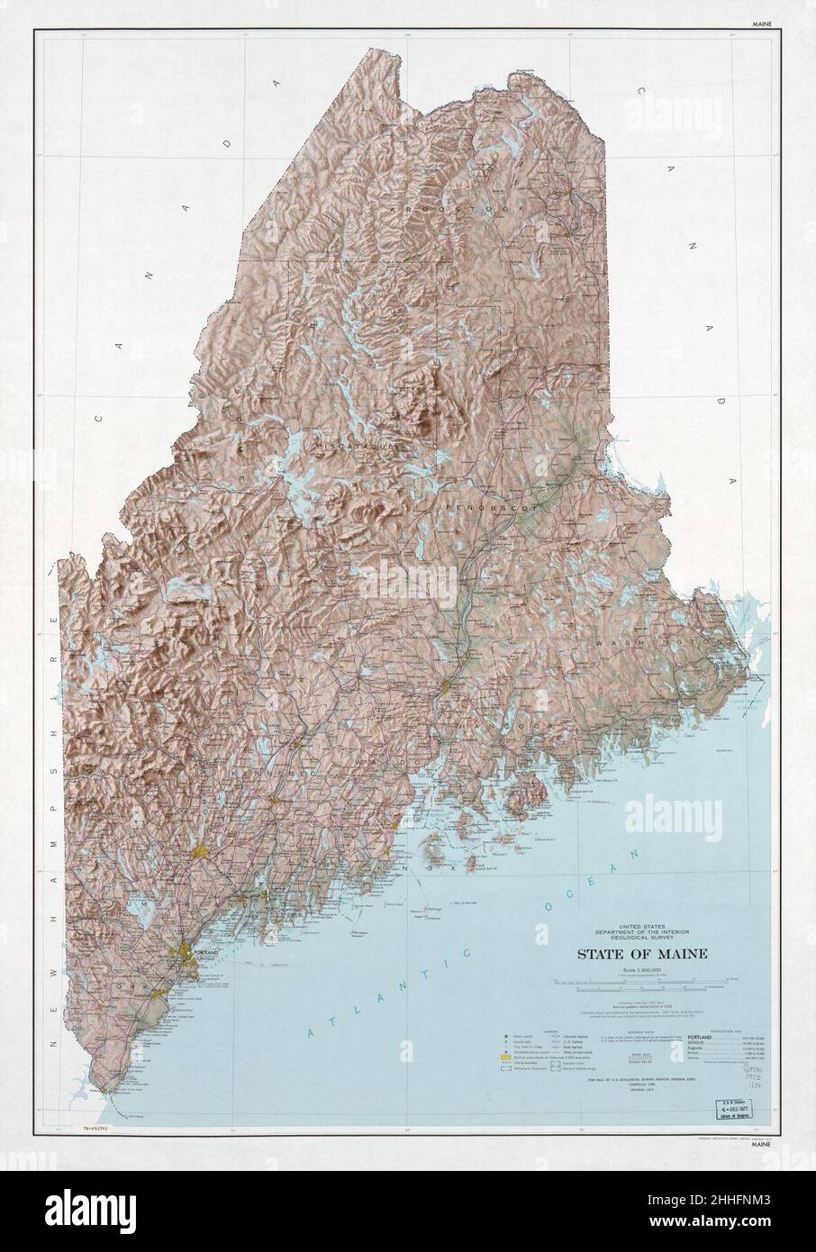 State of Maine; base map with highways and contours, shaded relief