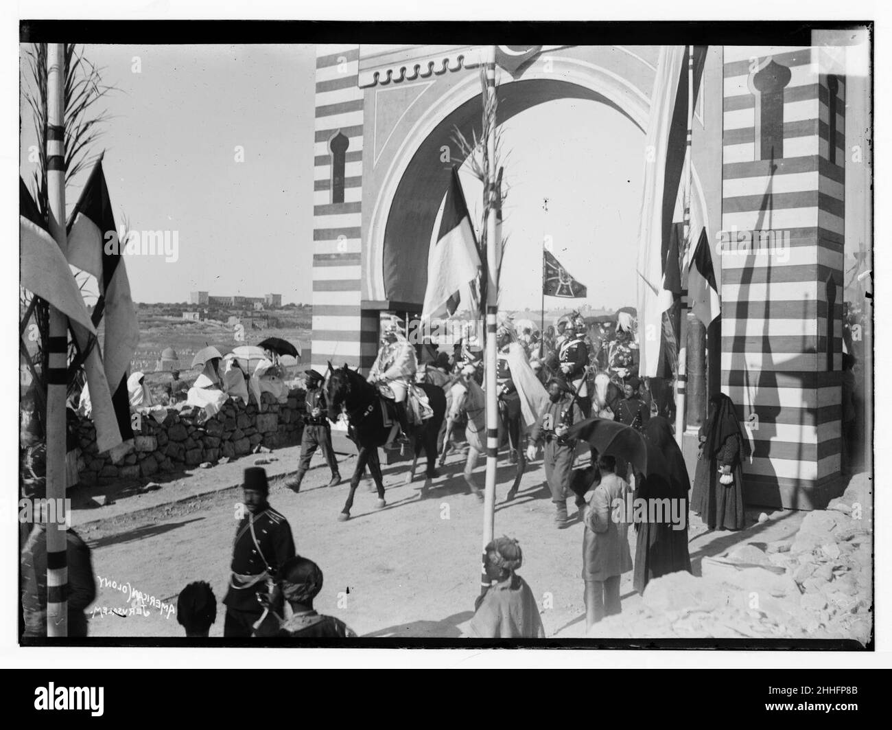 State visit to Jerusalem of Wilhelm II of Germany in 1898. Emperor passing through an arch. Stock Photo