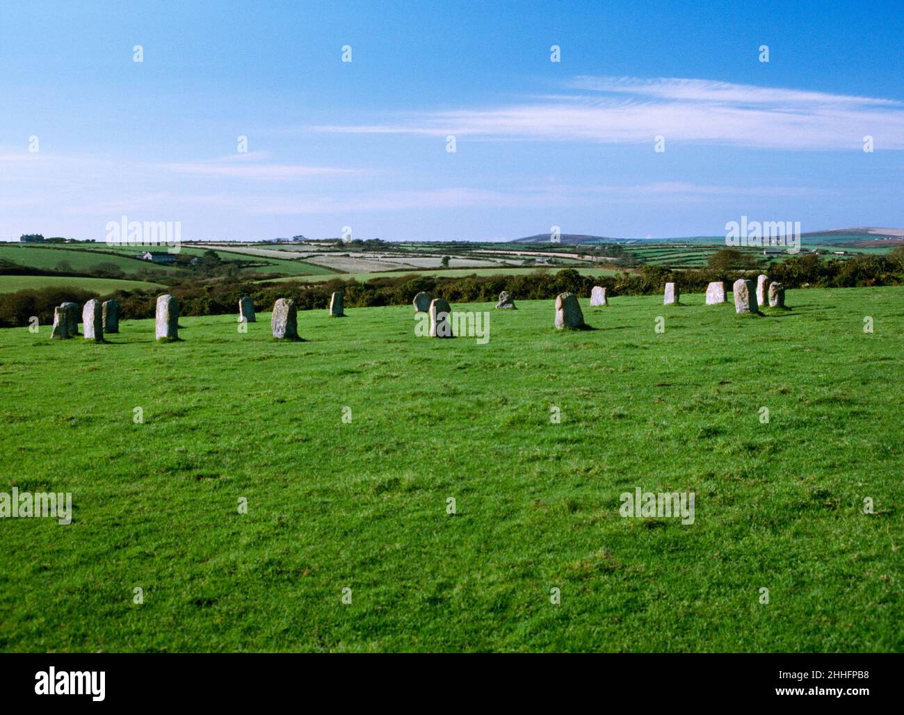 Merry Maidens Stone Circle, Boleigh, Cornwall, England.  Looking north west towards St Buryan Church on horizon. Stock Photo