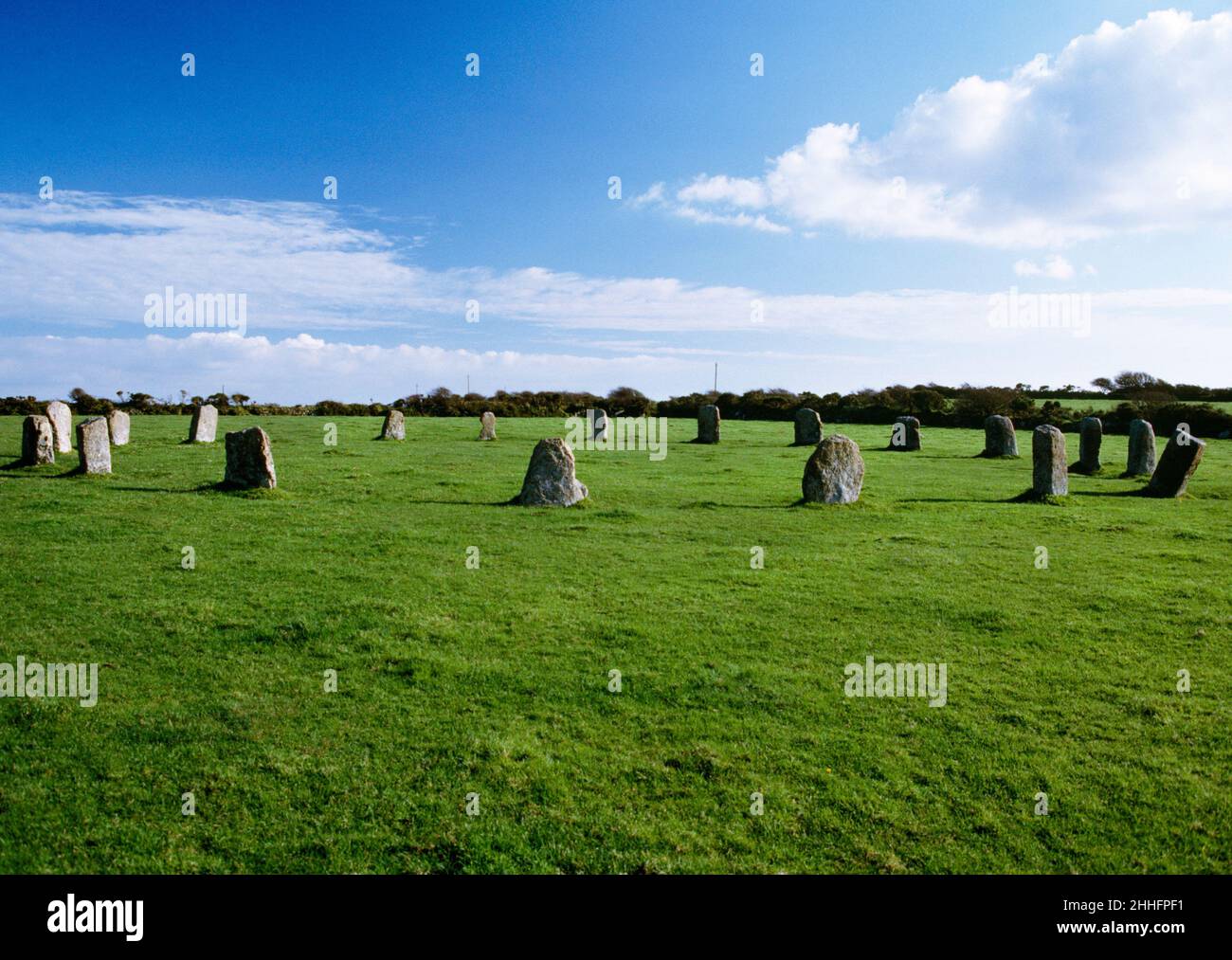 Merry Maidens Stone Circle, Boleigh, Cornwall, England.  Looking South South East uphill along footpath that passes through the circle.  Also known as Stock Photo