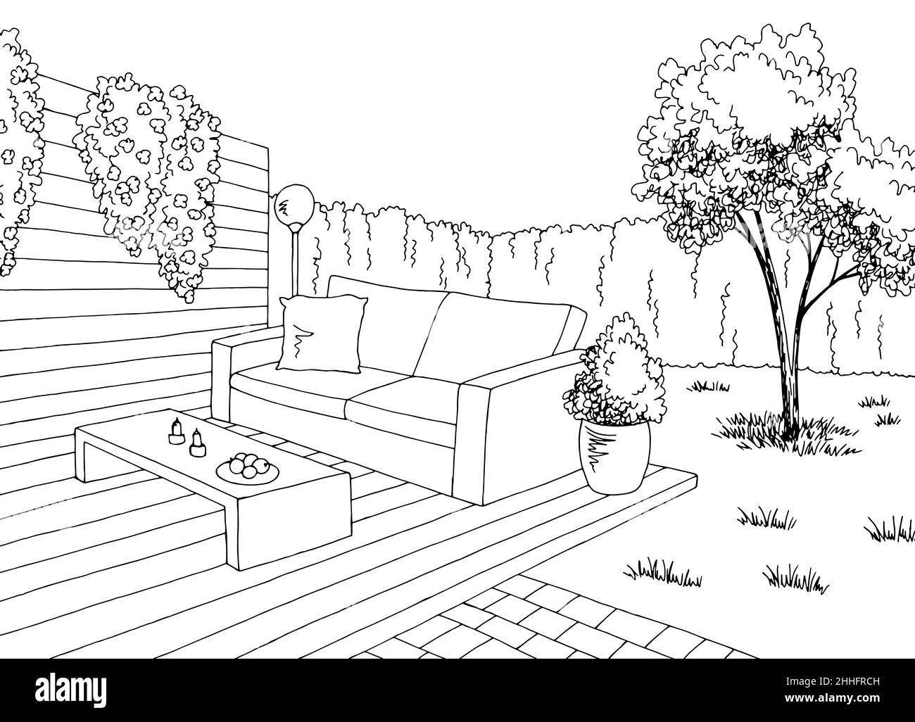 Backyard garden graphic landscape black white sketch illustration