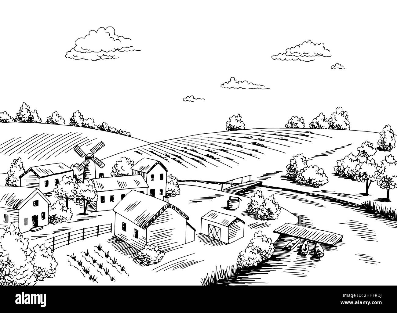 Village river graphic black white rural landscape sketch illustration vector Stock Vector