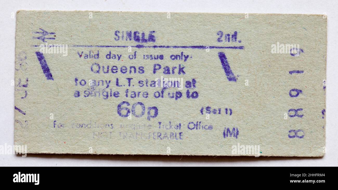 Vintage 1980s London Transport British  Railway Train Ticket - Queens Park Stock Photo