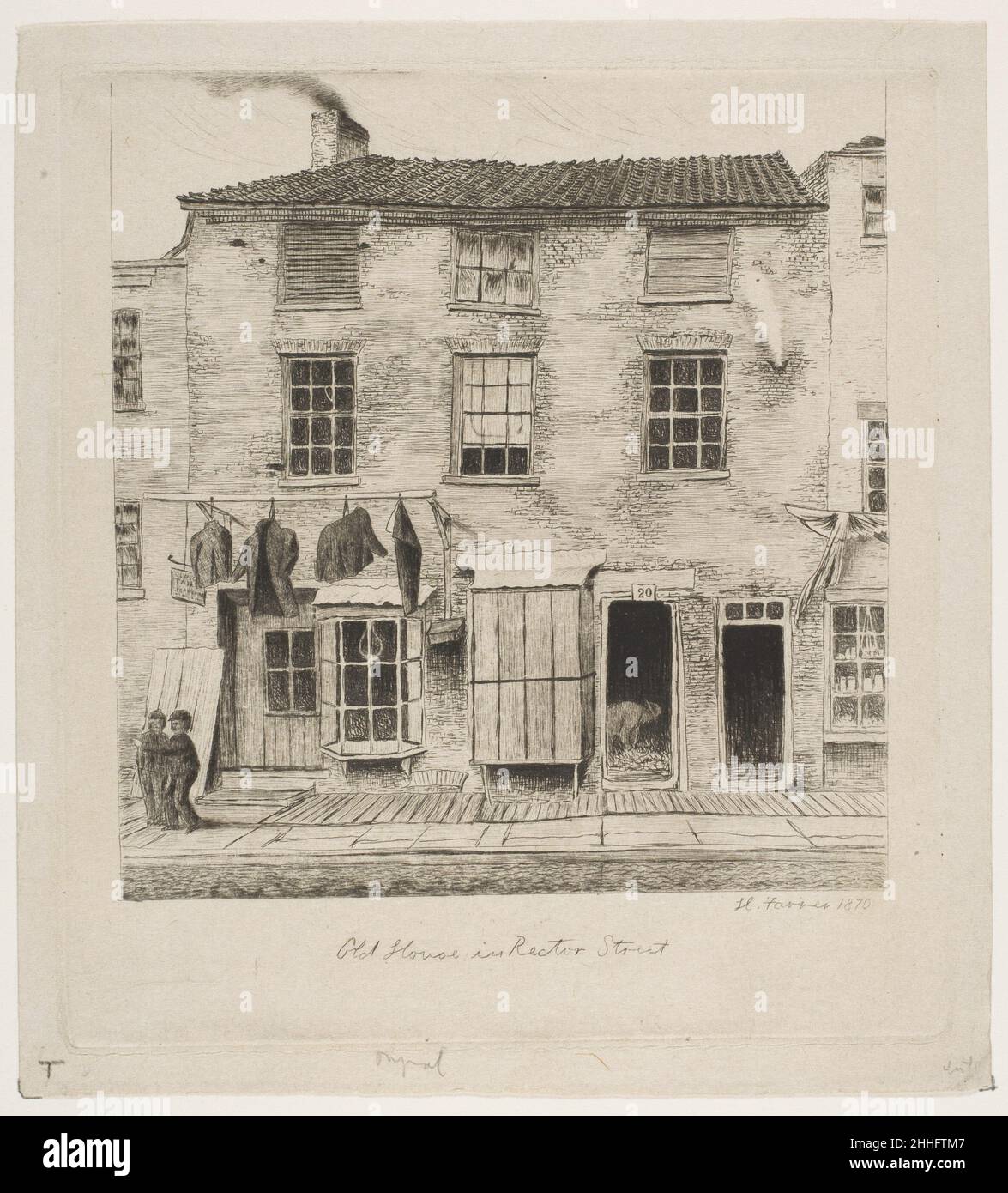 Old House in Rector Street (from Scenes of Old New York) 1870 Henry Farrer American. Old House in Rector Street (from Scenes of Old New York)  380981 Artist: Henry Farrer, American, London 1844?1903 New York, Old House in Rector Street (from Scenes of Old New York), 1870, Etching, plate: 6 x 5 3/8 in. (15.2 x 13.7 cm) sheet: 6 5/8 x 6 in. (16.8 x 15.2 cm). The Metropolitan Museum of Art, New York. The Edward W. C. Arnold Collection of New York Prints, Maps and Pictures, Bequest of Edward W. C. Arnold, 1954 (54.90.919) Stock Photo