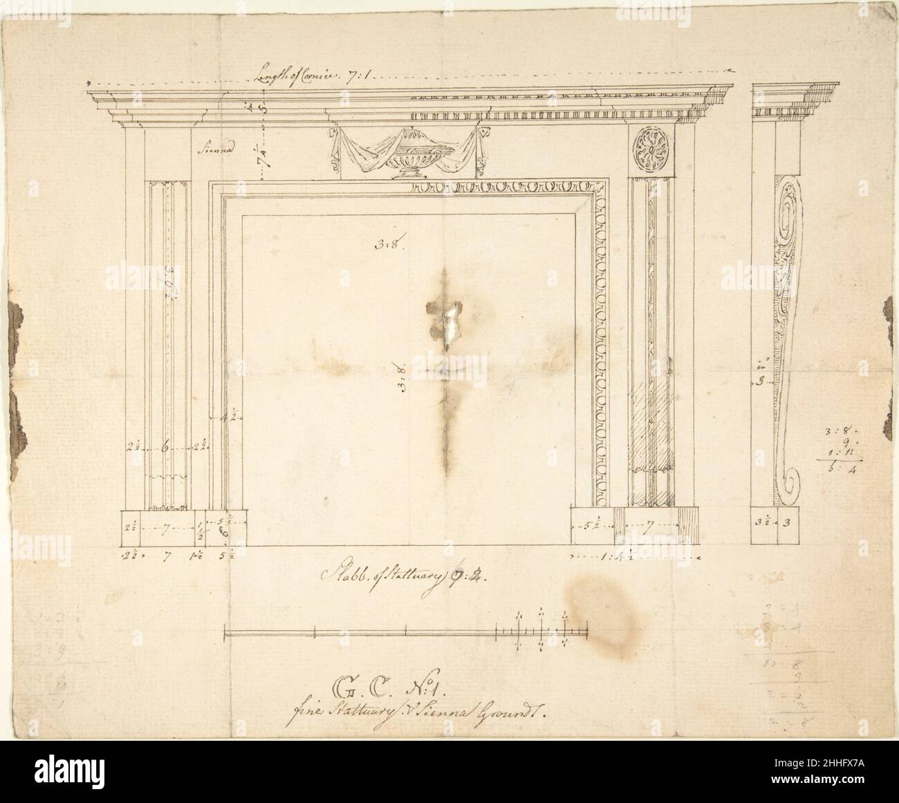 Design for a Chimneypiece 1740–1800 Sir William Chambers British, born Sweden. Design for a Chimneypiece. Sir William Chambers (British (born Sweden), Göteborg 1723–1796 London). 1740–1800. Pen and ink, brush and wash Stock Photo