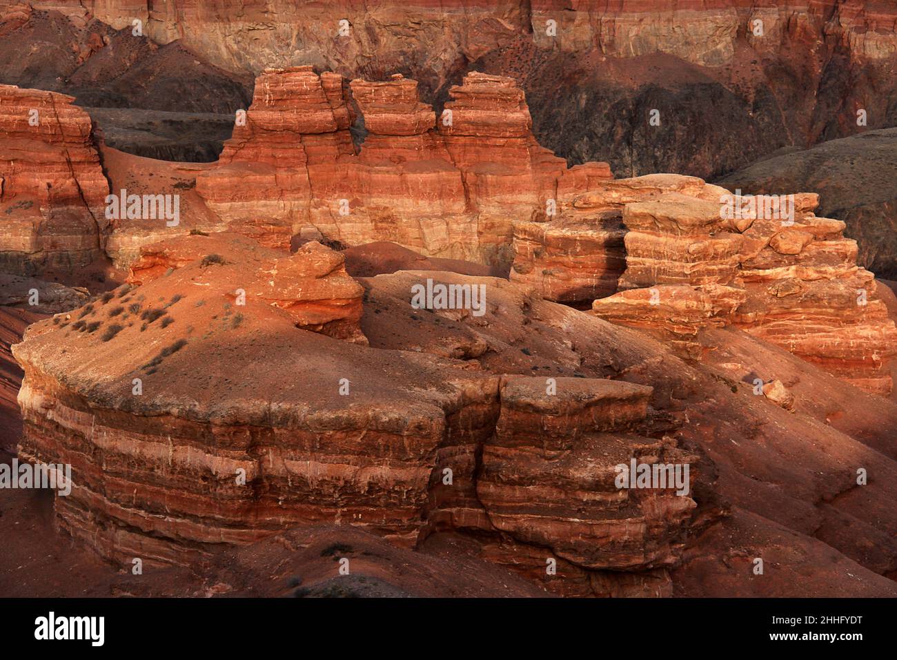 Figures of the red Charyn canyon in summer Stock Photo