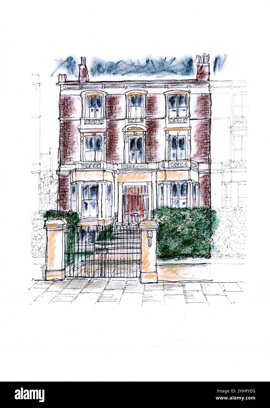 Sketch for the exterior of a Victorian terraced house on a white background. Stock Photo