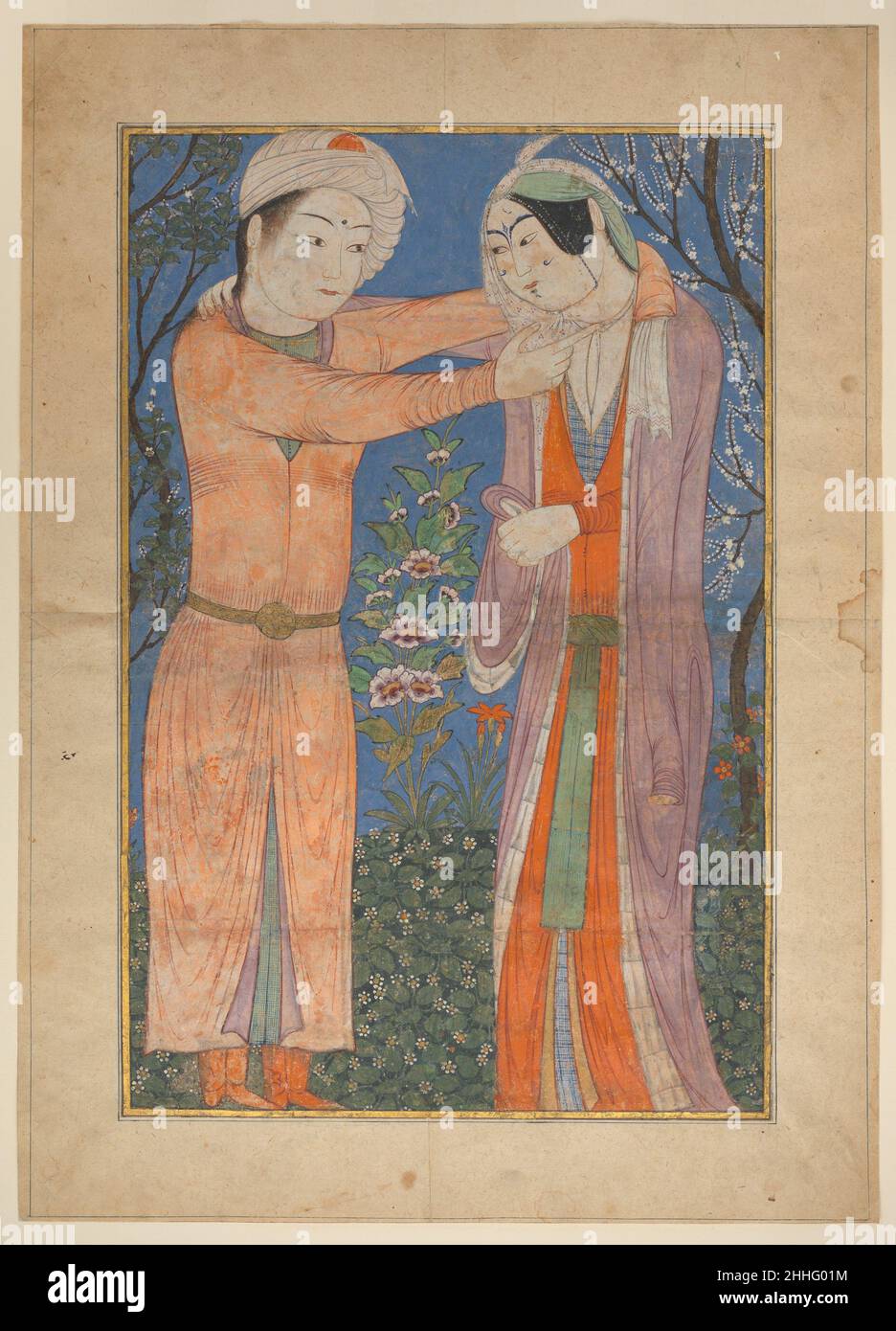 Princely Couple 1400–1405 Considering its unusually large scale, scholars have suggested that this painting of an embracing couple may have once served as a model for wall painting. No text is found on the painting to aid in the identification of the couple, but they have been compared to legendary lovers of Persian literature, including the characters of Khusrau and Shirin, known from the poet Nizami’s Khamsa (Quintet).. Princely Couple  451399 Stock Photo