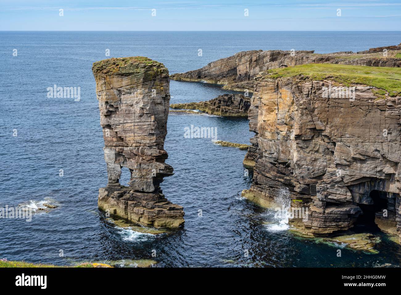Yesnaby Castle sea stack looking north on Yesnaby coastline on west coast of Mainland Orkney in Scotland Stock Photo