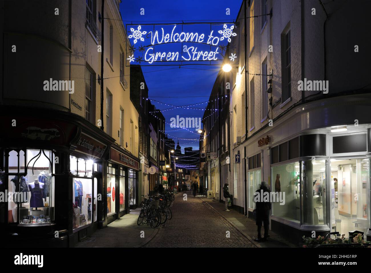 Christmas lights along Green Street, Cambridge City, Cambridgeshire, England, UK Stock Photo