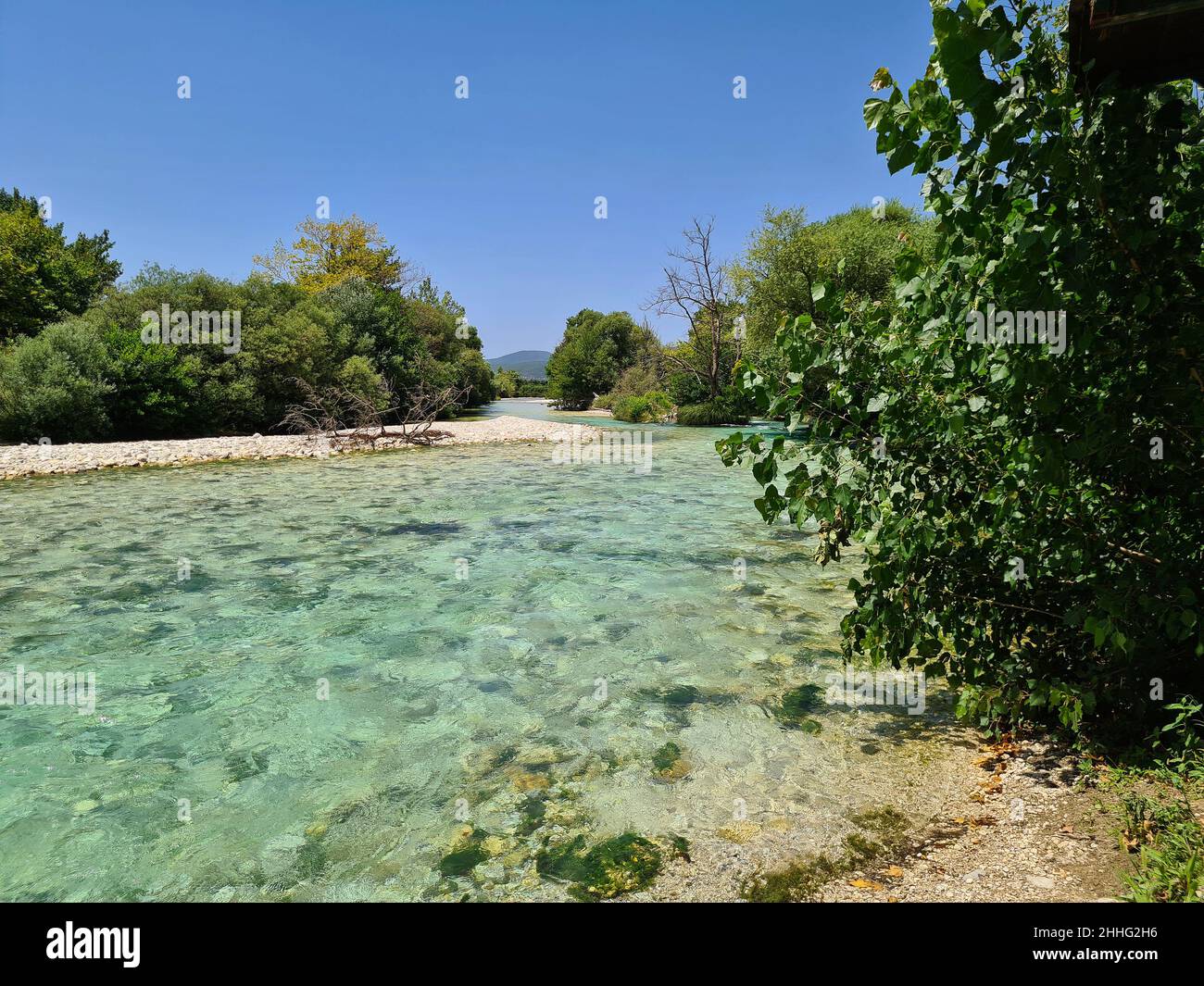 Greece, Glyki, the clear but cold water of the Acheron river, in Greek mythology Acheron was one of the rivers of the Greek underworld. Stock Photo