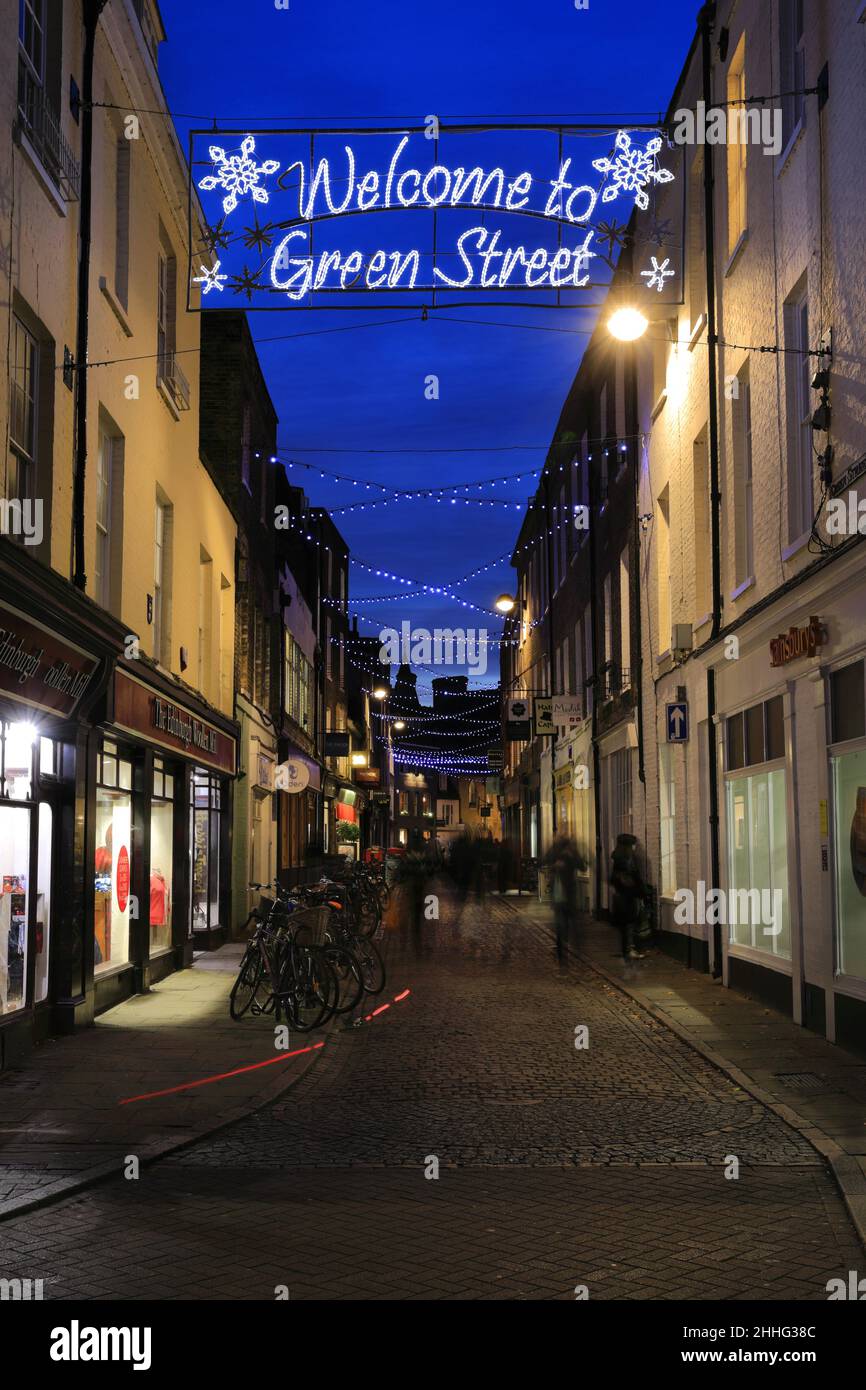 Christmas lights along Green Street, Cambridge City, Cambridgeshire, England, UK Stock Photo Alamy