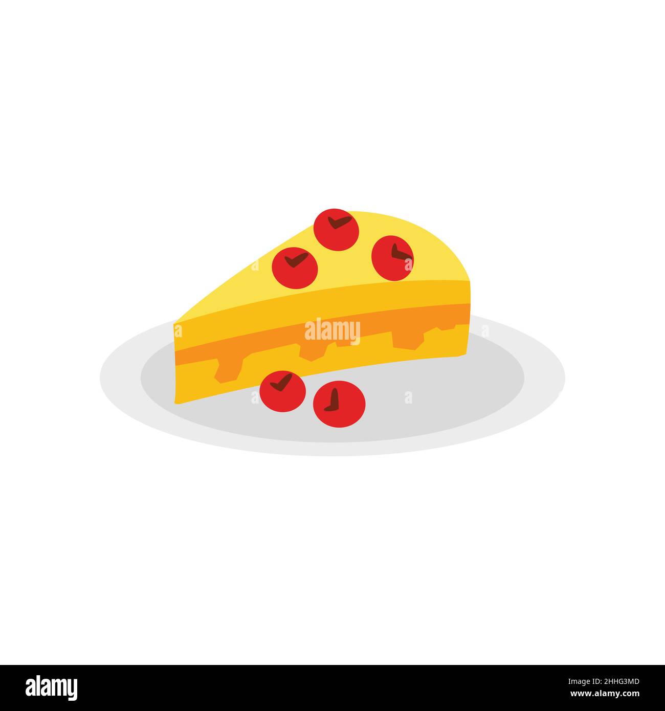 A piece of sweet cake with fresh strawberries and chocolate icing is placed on a white plate. Stock Vector