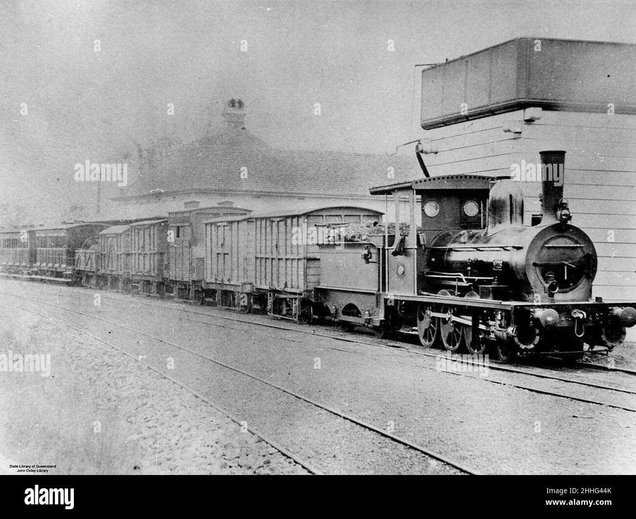 Steam train at Grandchester Railway Station, Queensland, ca. 1879. Stock Photo