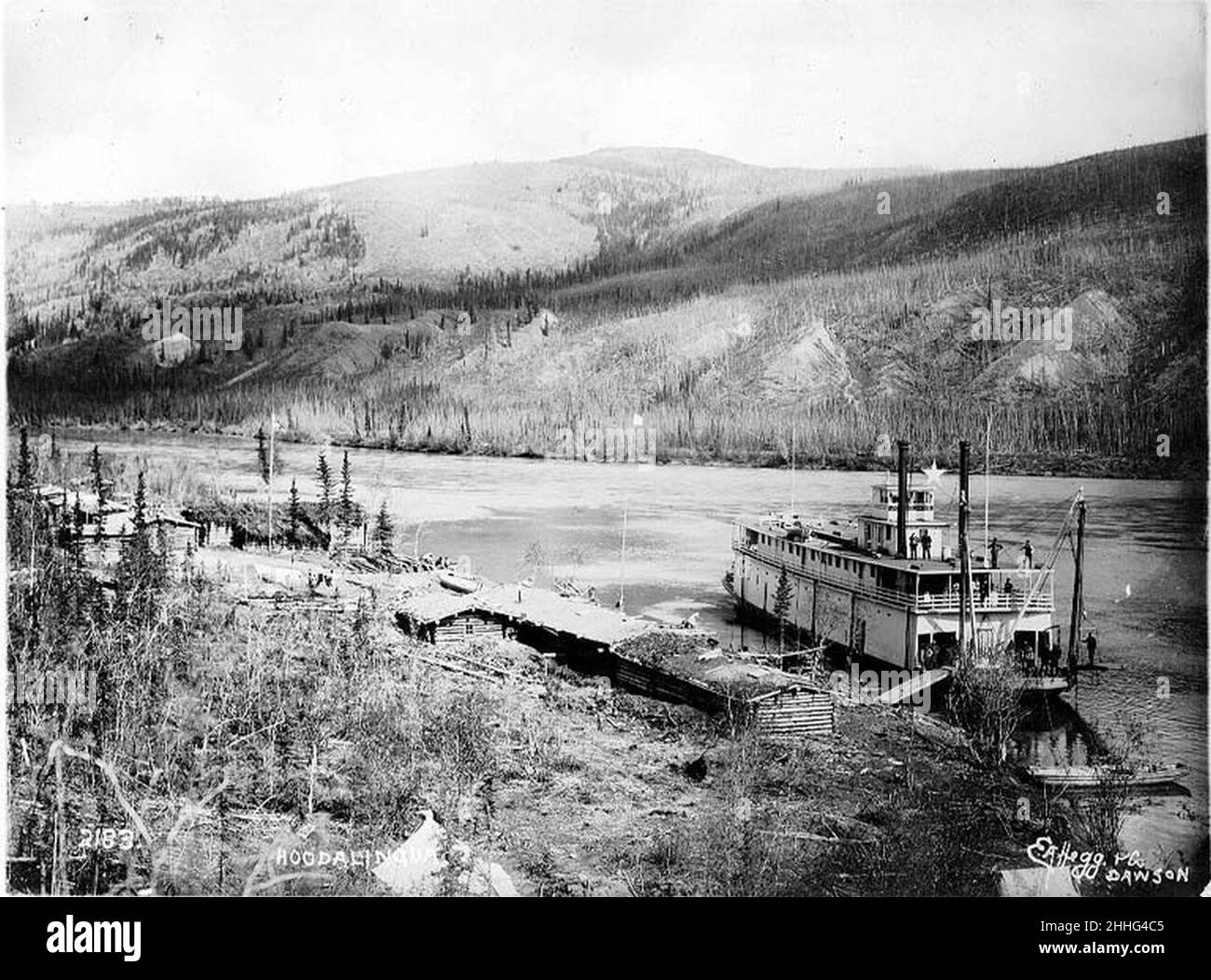 Steamboat JOHN C BARR at a boat landing on the Teslin River, Yukon Territory, ca 1898 Stock Photo