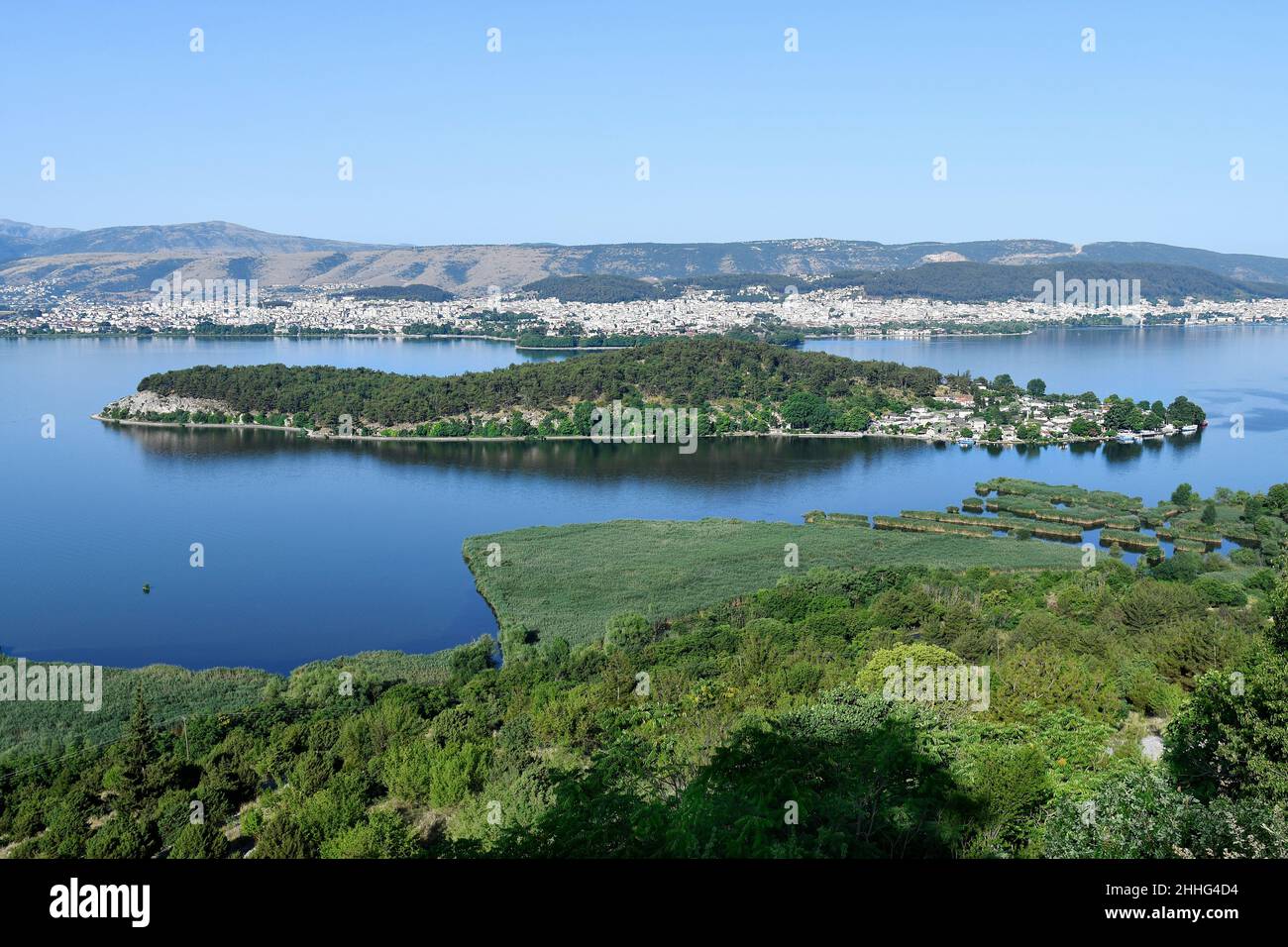 Greece, city of Ioannina the capital of Epirus with the tiny island in lake Pamvotida aka lake Ioannina Stock Photo