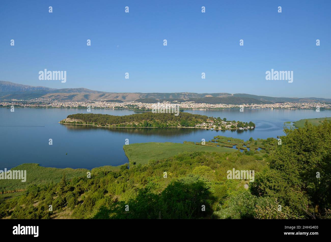 Greece, city of Ioannina the capital of Epirus with the tiny island in lake Pamvotida aka lake Ioannina Stock Photo